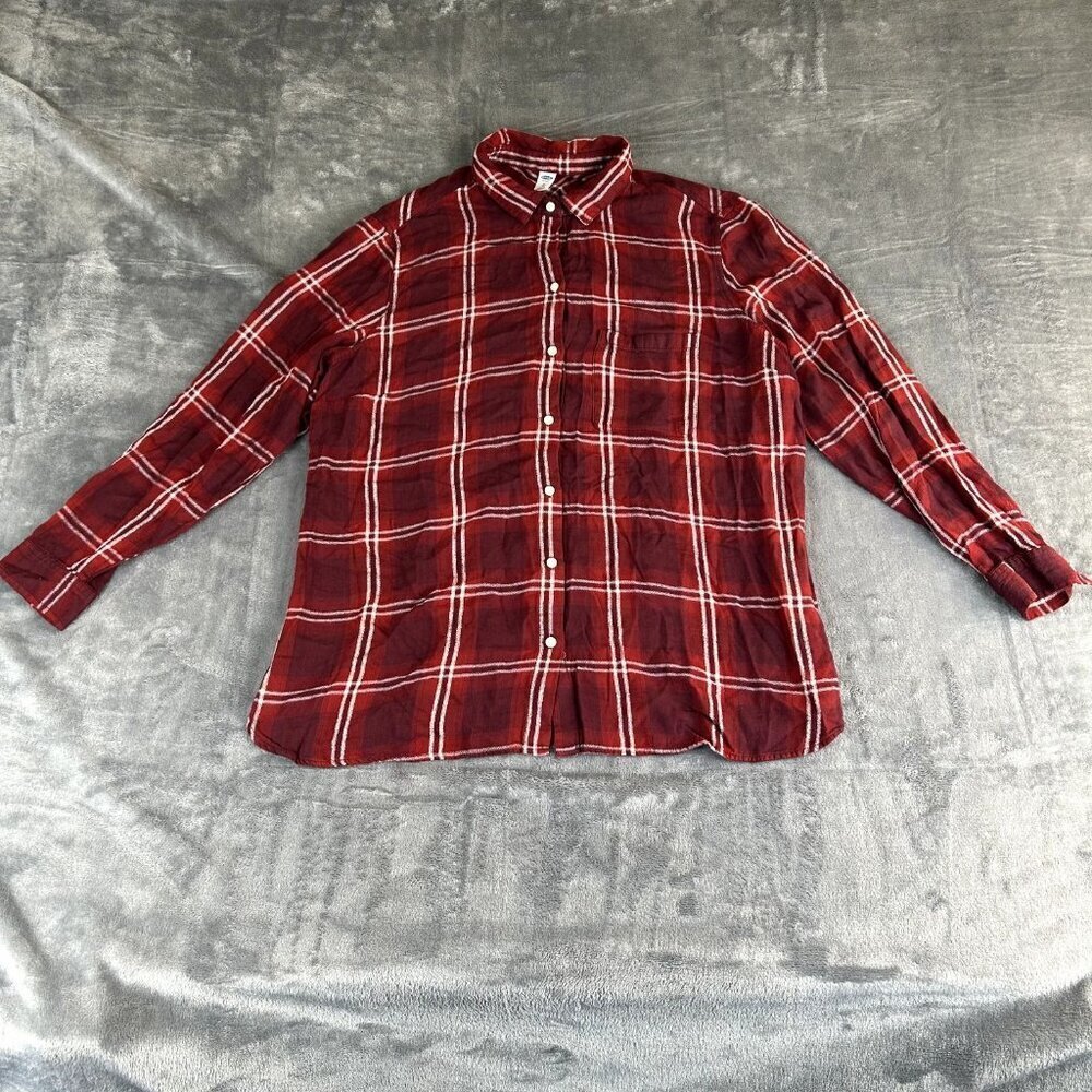 Old Navy Tartan Plaid Shirt Women Large Red Button Down Fall Winter Light Weight